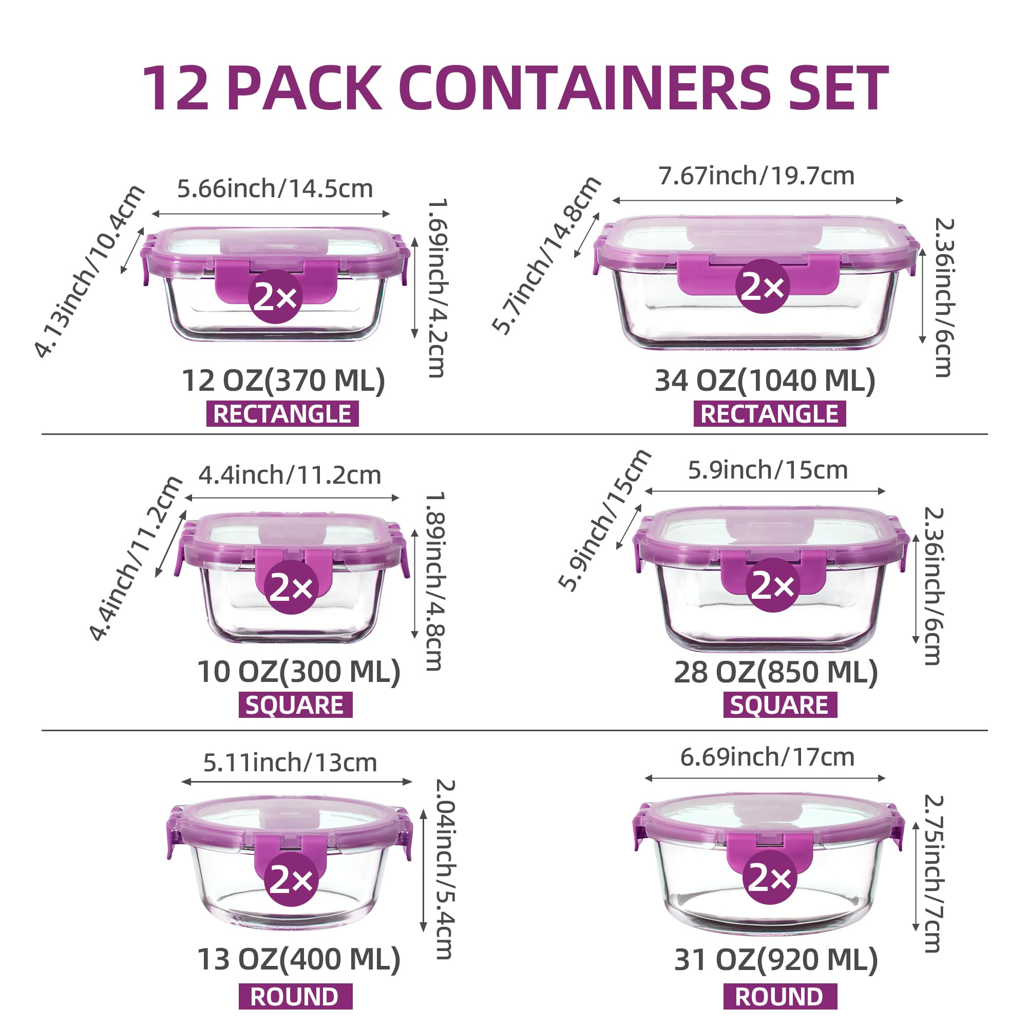 C CREST 12-teiliges Meal Prep Glasbehälter-Set mit Deckel, ideal für die Aufbewahrung und Frische, verschiedene Größen und Formen für ultimative Organisation | Ideal für die Aufbewahrung und Frische von Lebensmitteln, verschiedene Größen und Formen, ultim