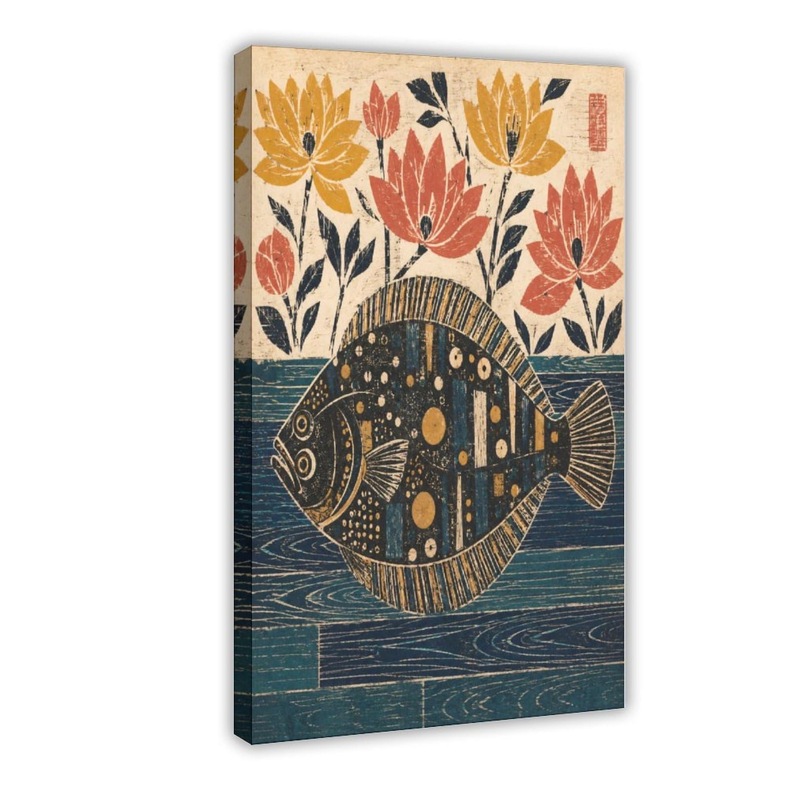H3b8u2y5 Frame-Style-19 Folk Art Flounder Canvas Wall Art, Lotus Flowers Studio