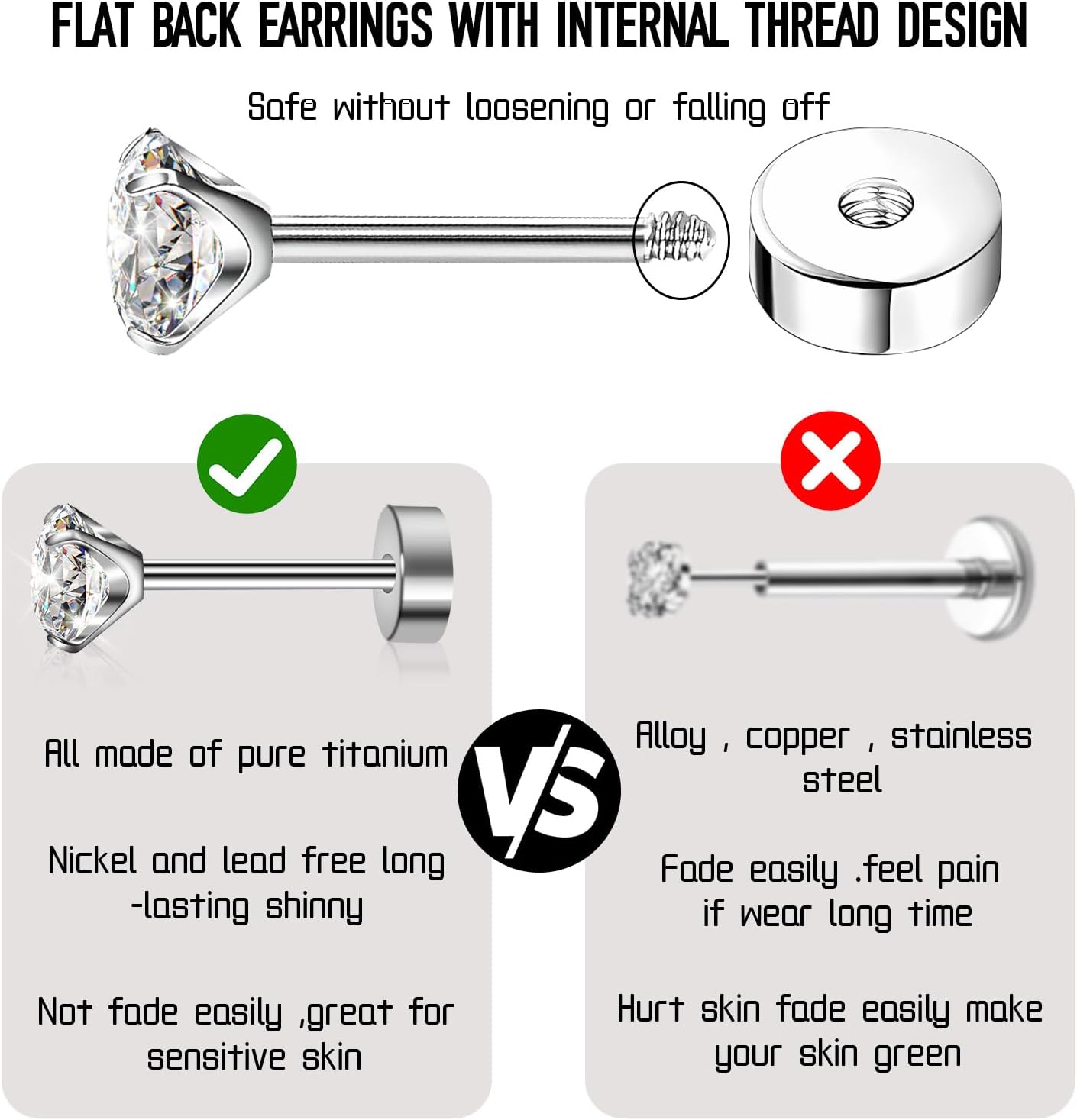 3 Pairs Flat Back Earrings for Women, Titanium CZ Stud Flat Screw Back, Hypoallergenic Cartilage Flatback, Tragus Helix Tragus Conch Piercing(3mm/4mm/5mm Gold/Pink/Silver/Black White CZ)