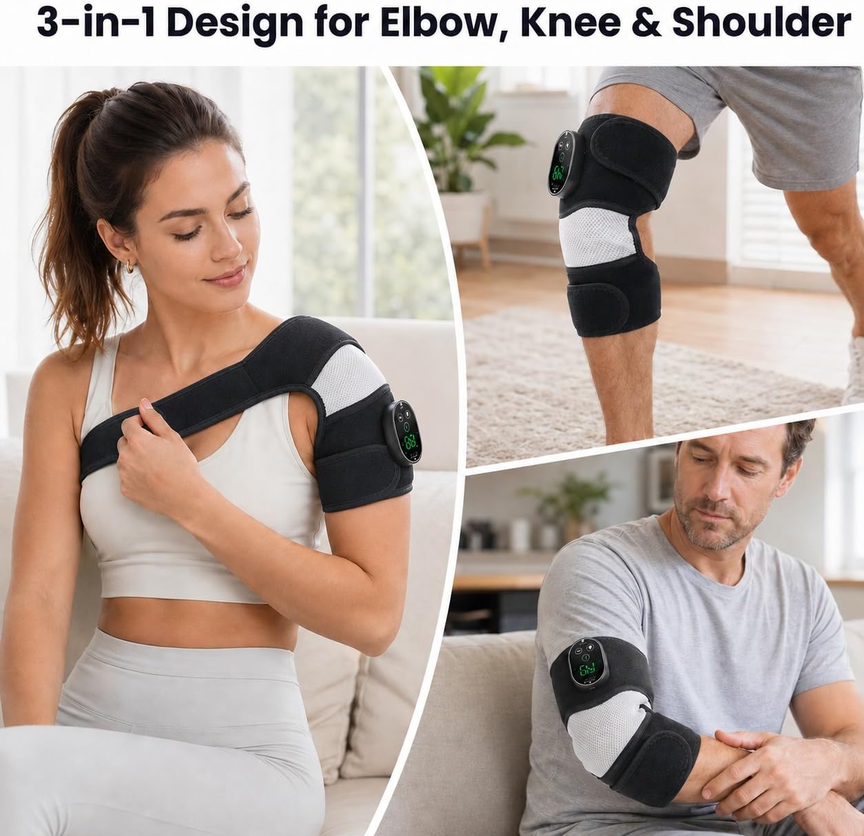 Cordless Elbow Massager for Pain Relief, Elbow Heating Pad with Massager, 3-in-1 Heating Pad for Knee, Shoulder, Tennis Elbow & Tendonitis Pain Relief, 5000mAh Battery, 6 Heat & 3 Massage