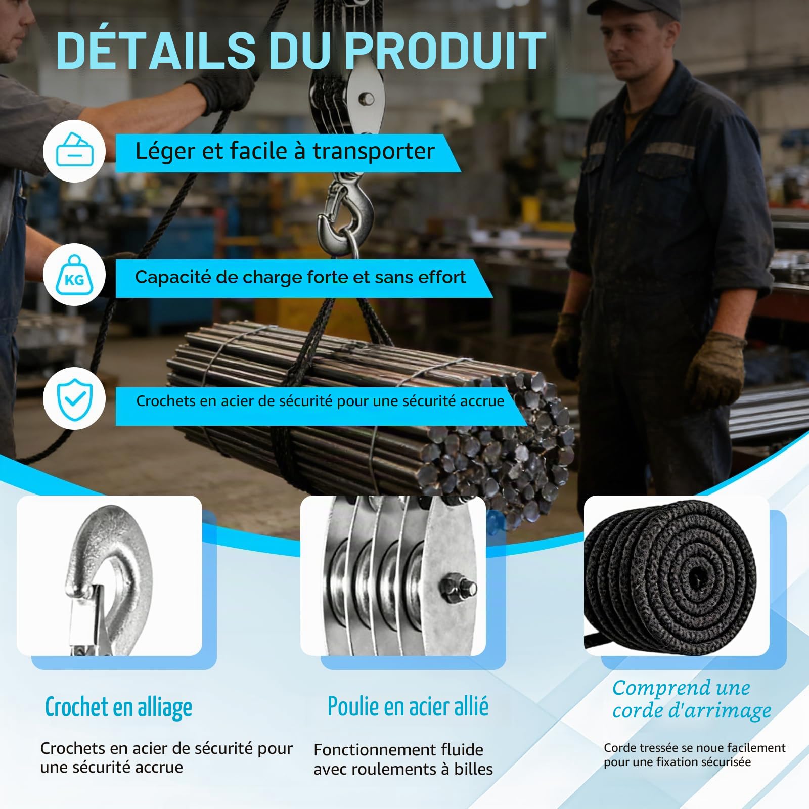 Palan à Poulie à Corde, Palan Manuel 8:1, Rotatif à 270°, Poulie de Levage avec Corde de Nylon Résistant de 20m, Levage 2,5m Système de Poulie pour Soulever Objets Lourds, Chasse, Garages