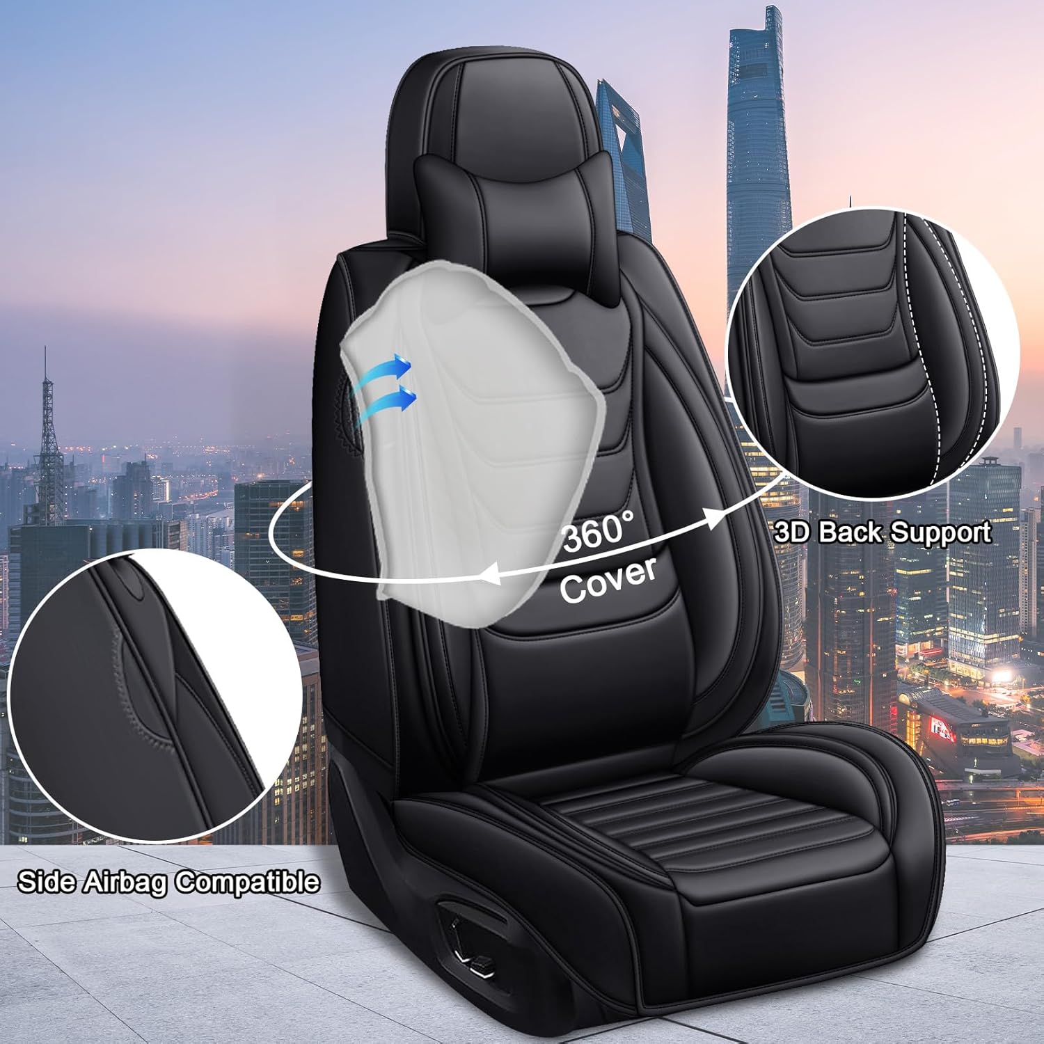 Car Seat Covers for Infiniti QX60 2014-2025, Luxury Nappa Leather Automotive Seat Covers, Anti-Slip Breathable Seat Cushion with Memory Foam Lumbar Support, 5 Seats with Pillows, Black