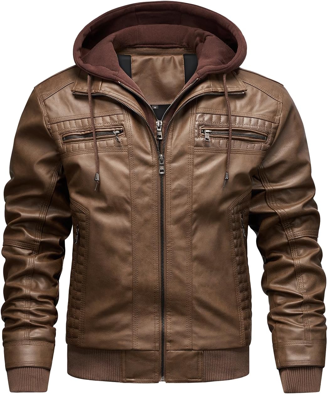 FTIMILD Men's Leather Jacket Motorcycle Jacket Windproof PU Vintage Bomber Jacket with Removable Hood - Image 4