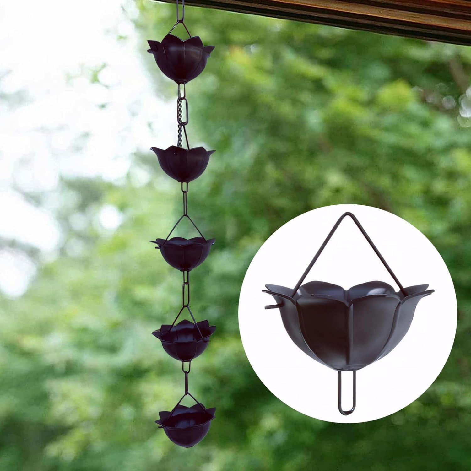 Rain Chain,Garden Rain Cups Chime, 3.3ft Rain Catcher Chain with 5 Petal Cups, Decorative Rain Chains for Outside Gutters, Eaves, Drainage, Rain Catcher Chain