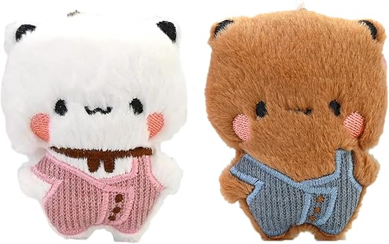 YOKUSHI 2 Pcs Bubu and Dudu Bears Stuffed Animals with Chains Decorations, Cute Cartoon Figurine Couple Keychain Decor for Backpacks, Desks, Home, Valentines Day Gifts