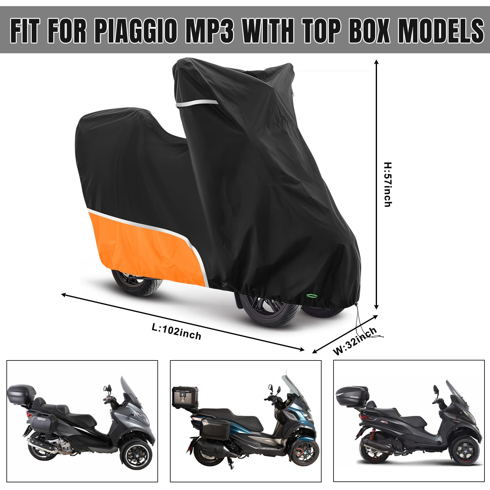 Bâche de protection pour moto, d'extérieur, avec coffre, imperméable et résistante à l'hiver, tissu Oxford 420D, convient pour Piaggio MP3 250/310/300/350/400/500/530 (couleur orange)