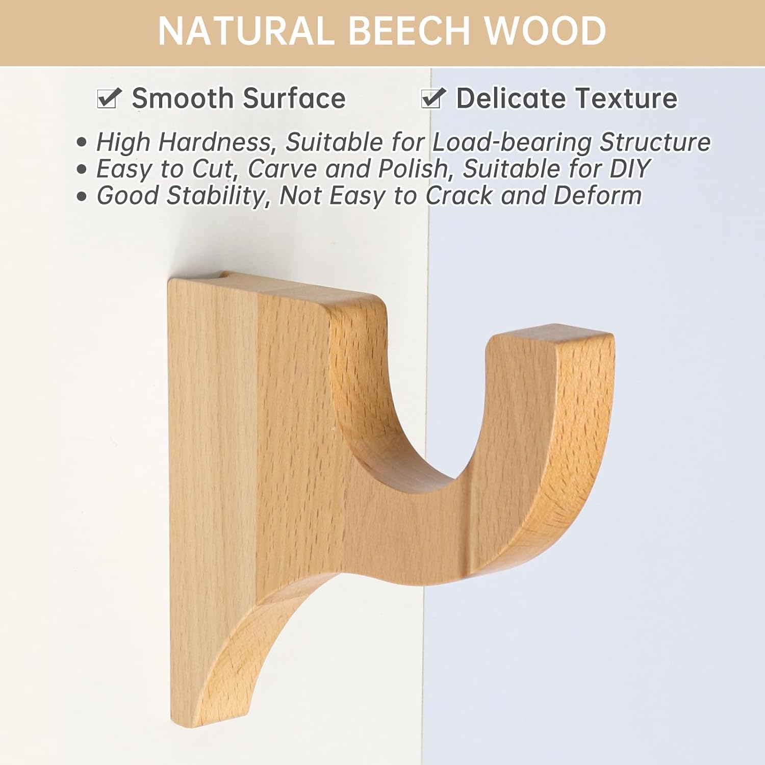 2 Pack Wooden Curtain Rod Brackets, Solid Beech Wood Curtain Rod Holders for 2 Inch Pole, Wall Mounted 3-1/2" Return Bracket with Mounting Hardware Hidden for Hanging Drapes
