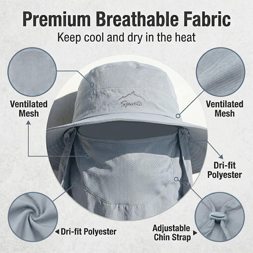 Gustave Sun Protection Hat with Removable Neck Flap, Grey, One Size 2