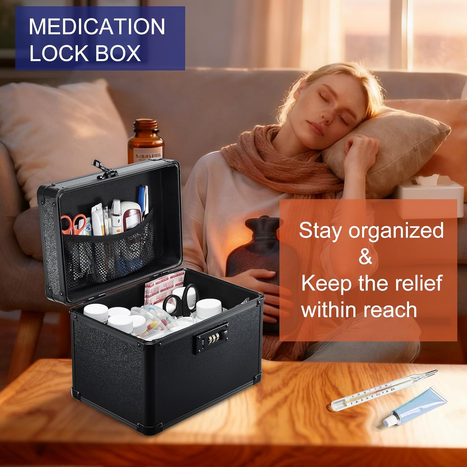 Lockable Security Storage Box - Shiny Black Safe Combination Lock Box, Cabinet Med Organizer, 10 x 7 x 9 Inches Safe Case for Documents, Valuables, Medicine & Money