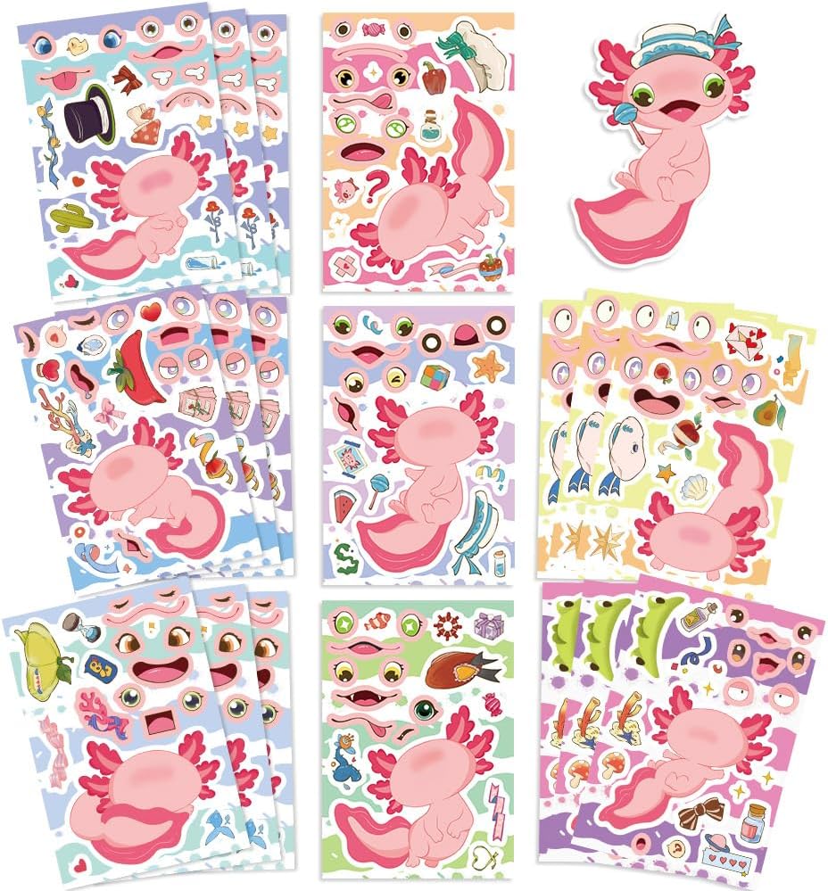 24 Sheets Axolotl Make-a-Face Stickers Mix 'n Match Crafts for Adult Axolotls Party Make Your Own Axolotl Stickers for Party Favors,Birthday Goodie Bag Fillers,Rewards,Collect(Axolotls)