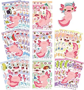 24 Sheets Axolotl Make-a-Face Stickers Mix n Match Crafts for Adult Axolotls Party Make Your Own Axolotl Stickers for Party Favors,Birthday Goodie Bag Fillers,Rewards,CollectAxolotls