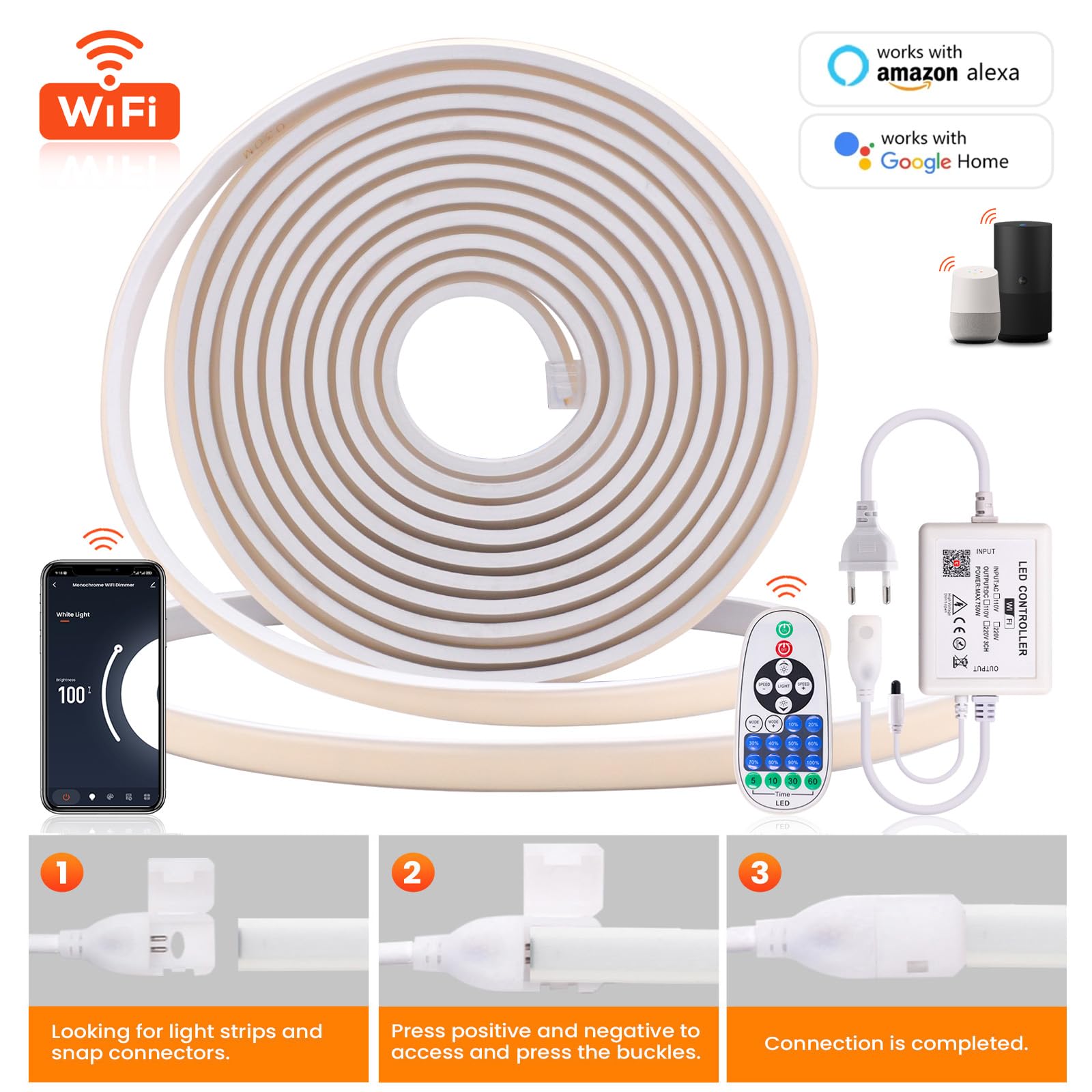 XUNATA WiFi Regulable Tiras de Neón COB de Silicona Flex con Controlador 1500W, LED Luz IP65, Compatible con Alexa y Google (23m, Blanco Cálido)