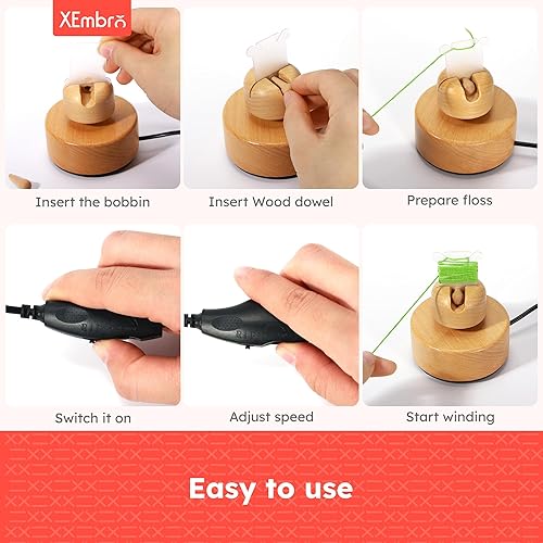 Miniatura 5 de XEmbro Bobinadora eléctrica de hilo de bordado, hilo de haya, hilo de punto de cruz, bobinadora de bobinas para trabajos de bordado y proyectos de