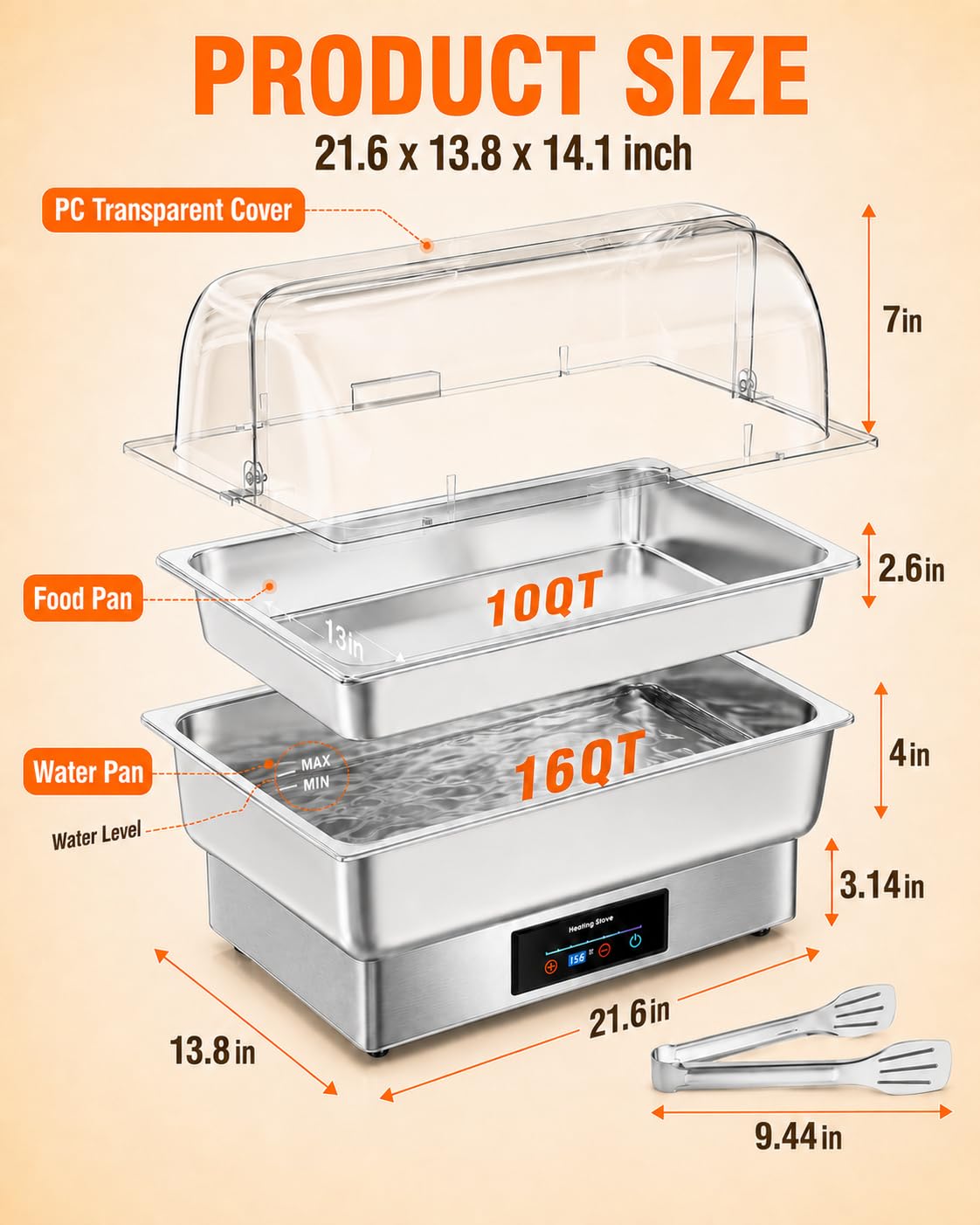PYY Juego de Platos eléctricos para bufé, Plato de frotamiento con Parte Superior Enrollable, Juego de Servidor de Rozaduras de Acero Inoxidable para Catering, bufés (tamaño Completo con Tapa)
