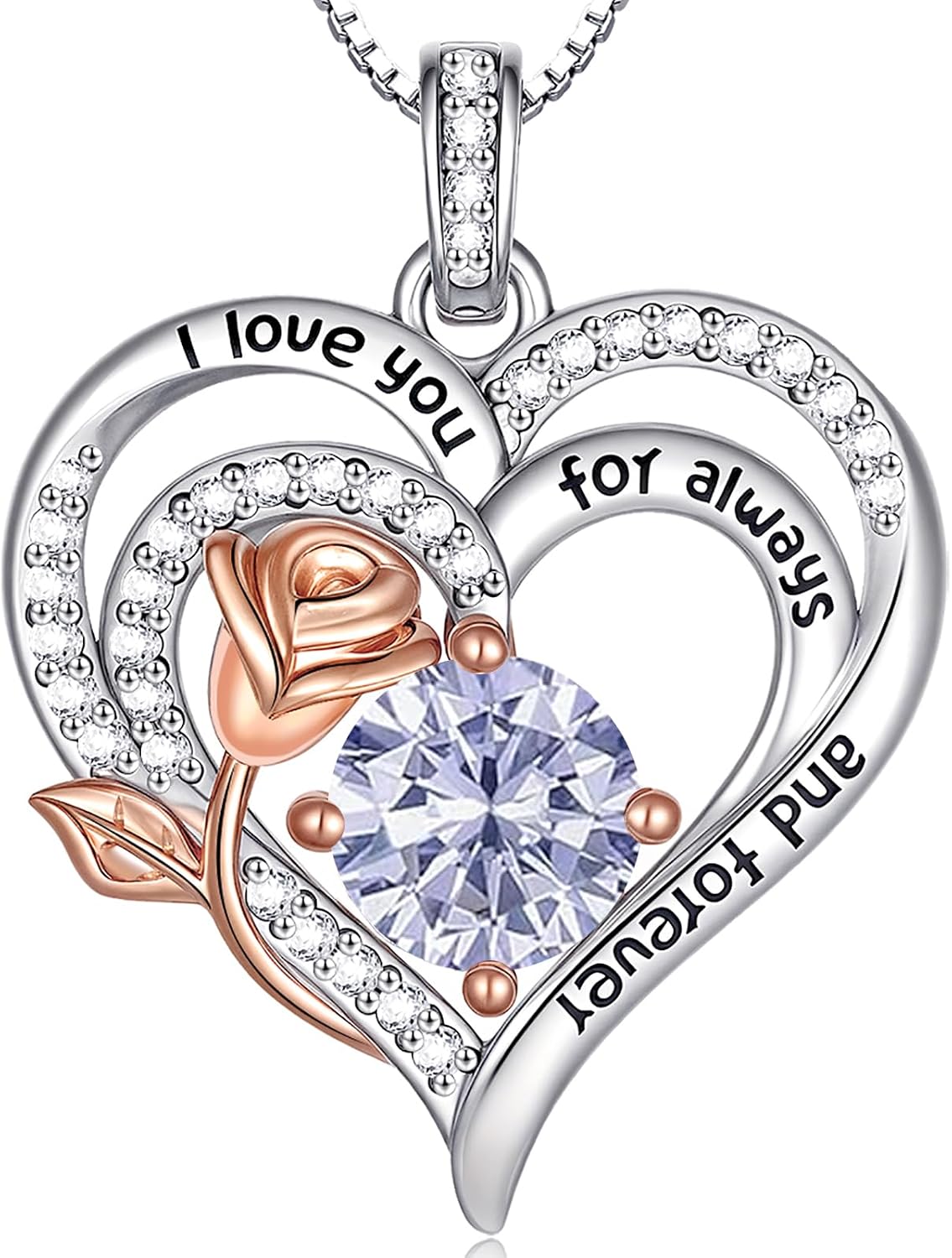 Birthstone Heart Necklaces for Women 925 Sterling Silver Fine Jewelry Rose Pendant Necklace Anniversary Birthday Mothers Day Gifts Her Wife Women Mom Daughter