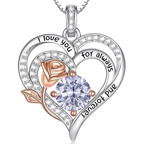 Birthstone Heart Necklaces for Women 925 Sterling Silver Fine Jewelry Rose Pendant Necklace Anniversary Birthday Mothers Day Gifts Her Wife Women Mom Daughter