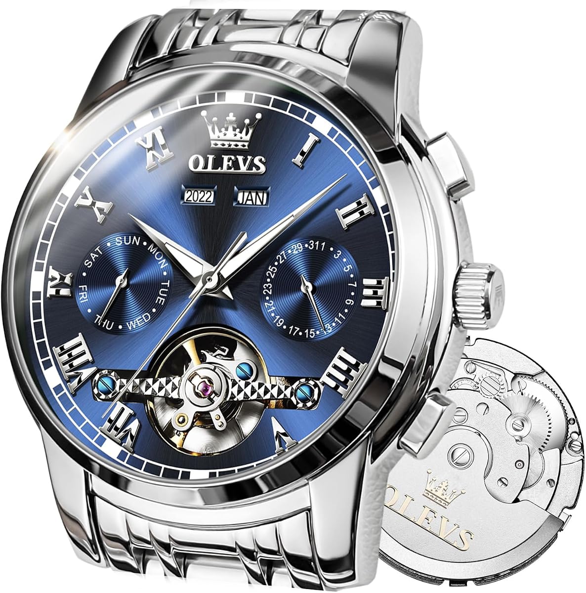 OLEVS Relojes para hombres mecánicos automáticos, reloj de pulsera de acero inoxidable resistente al agua de lujo, cuerda automática, sin batería, multifunción, fecha de día, calendario de 5 manecillas, clásico de cara grande, vestido de negocios informal, regalos de moda para hombres