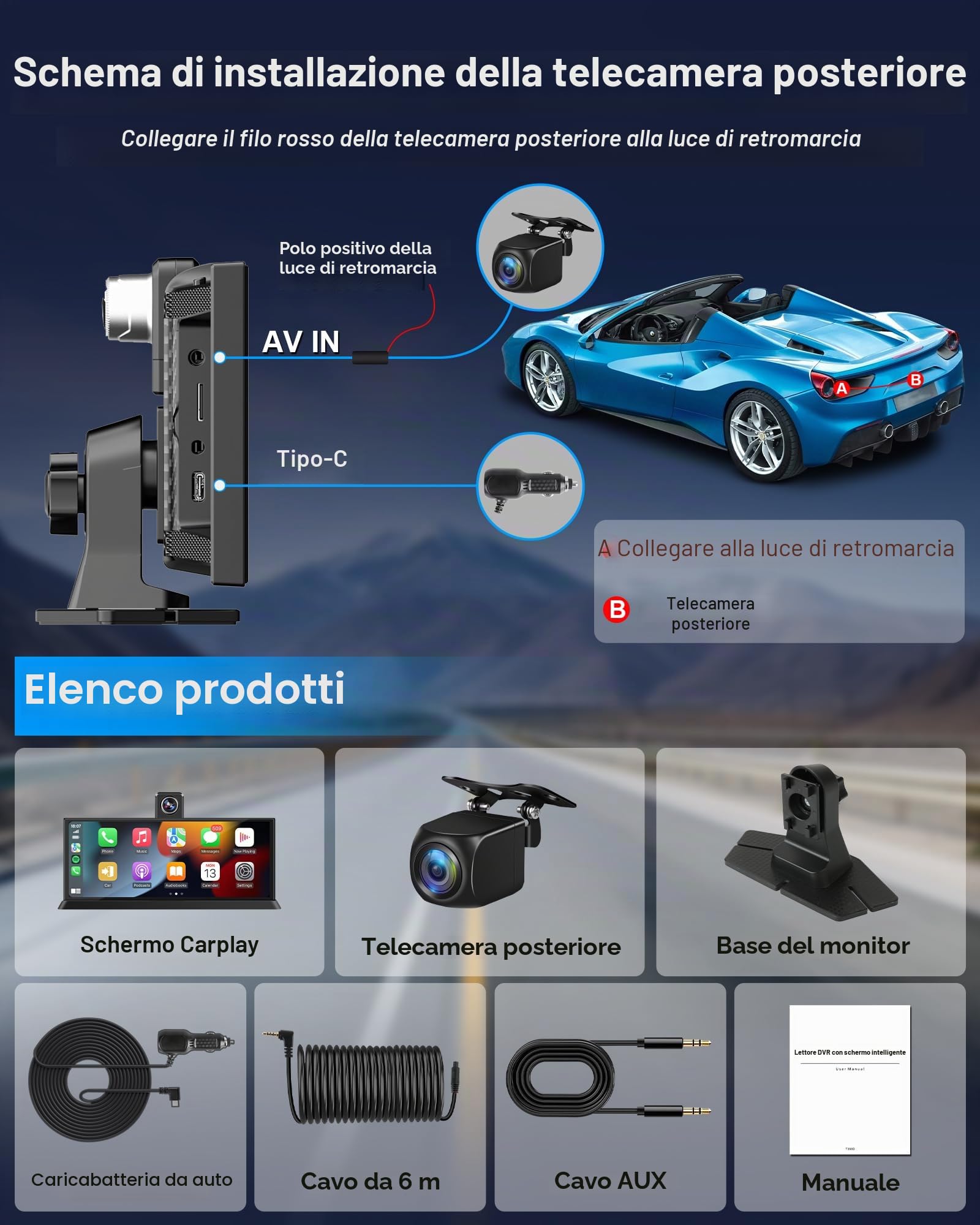 11,26" Toccare Schermo 4K Android Carplay Auto con 350°Fotocamera Anteriore | Schermo Carplay Android Auto, Car Play per Navigazione GPS G-senor Registrazione Loop