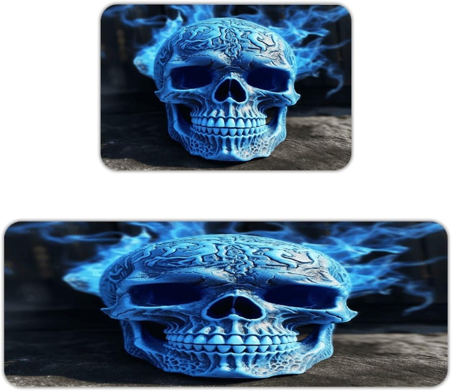 Three D Print Blue Skull Kitchen Mat Washable Non Slip Rugs Soft Kitchen Mats for Floor Set of 2 PCS Cushioned Absorbent Runner Standing Rugs for Home Sink Laundry Office