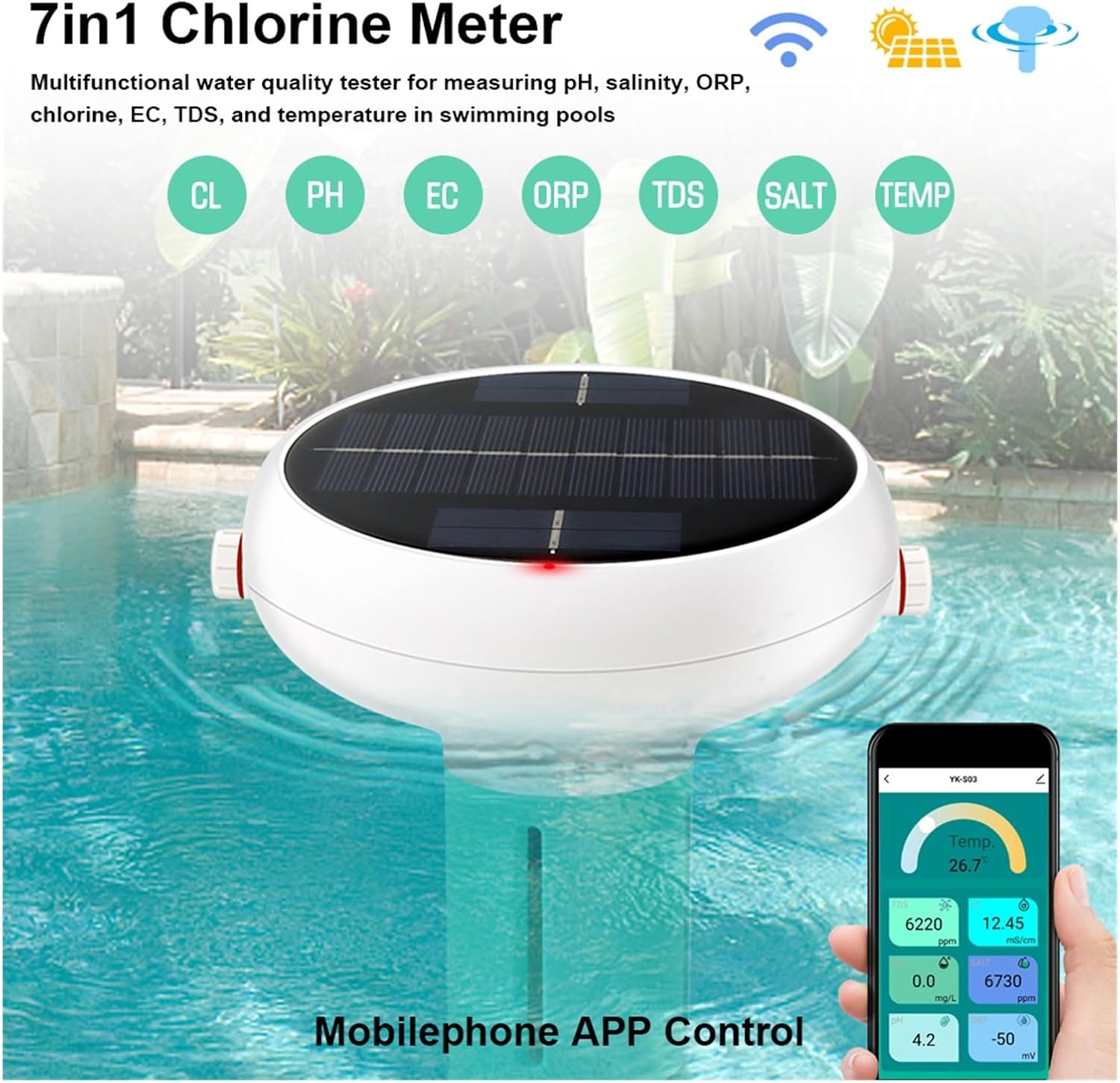 Water Test Meter, Digital Water Tester Intelligent Chlorin Meter 7 in 1 PH ORP EC Total Dissolved Solids Salinity Temp CL Test Swimming Pool