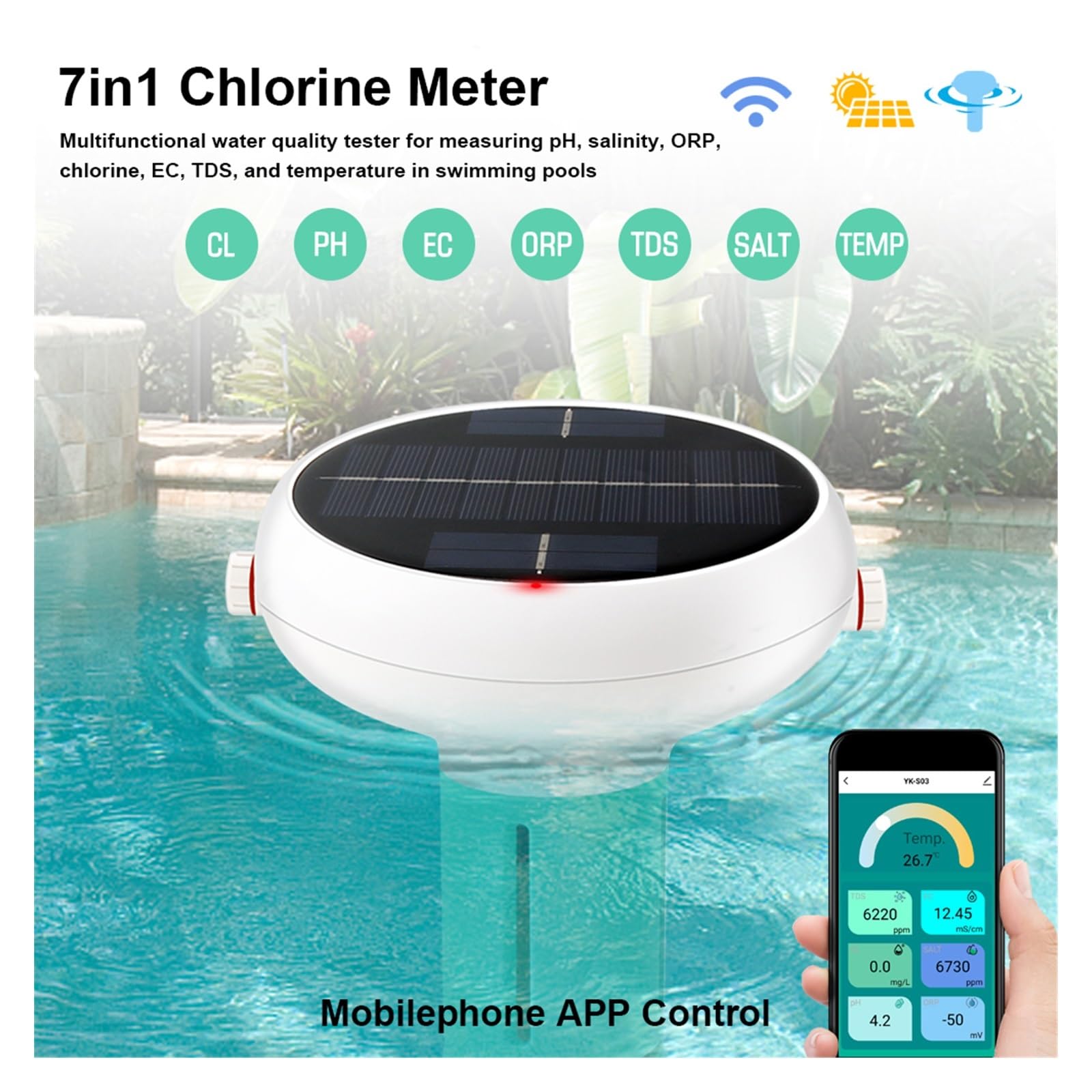 Probador de Agua, Medidor de Cloro Inteligente 7 en 1 PH ORP EC Sólidos disueltos totales salinidad Temp CL medidor de Prueba probador de Agua for Piscina