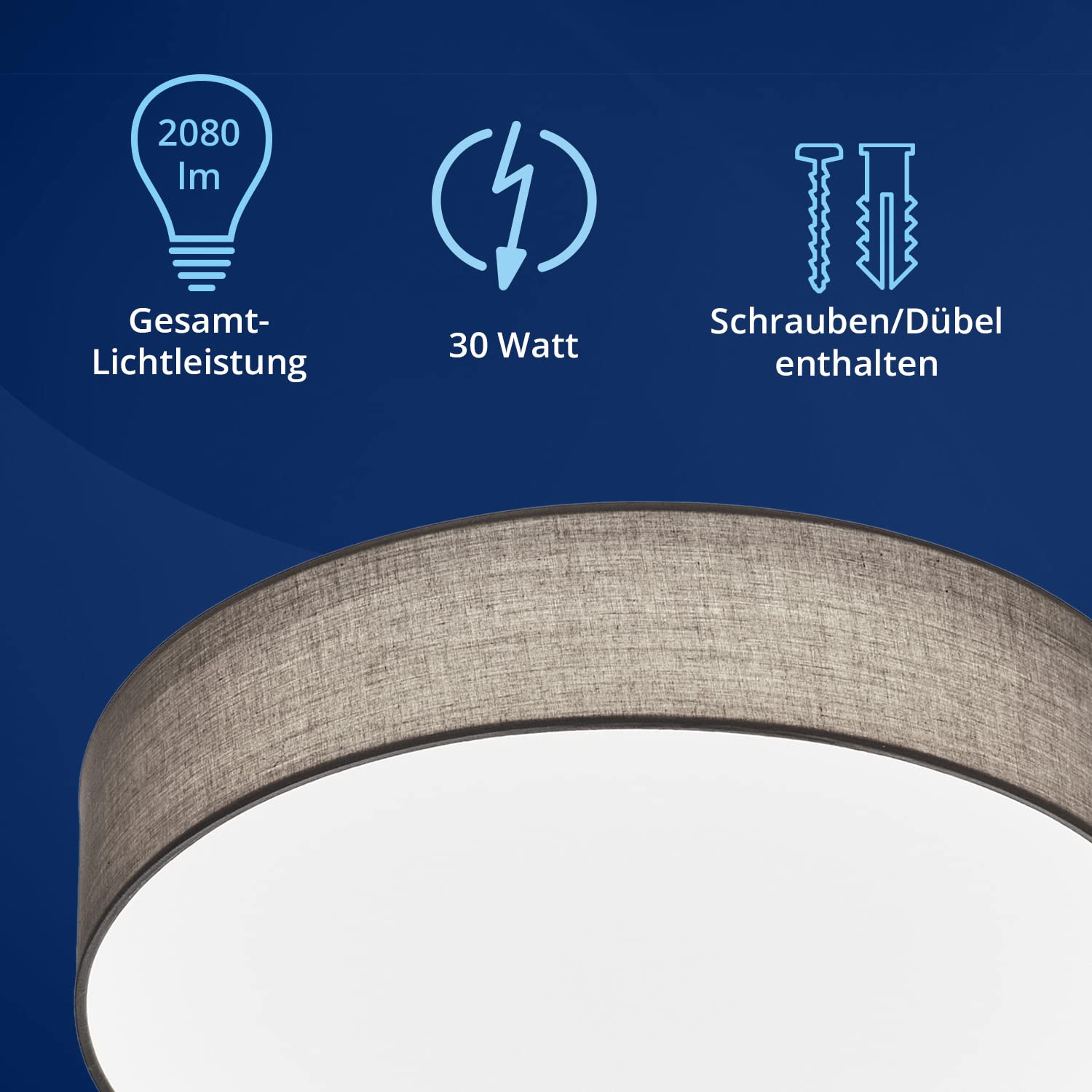 KHG LED-Deckenleuchte, dimmbar, Stoffschirm in grau, 1-flammig, Samt, FSC | Farbtemperatur 3.000 K, 2.080 lm Lichtleistung, 30 W Gesamtleistung, ideal für Wohnzimmer, Schlafzimmer, Küche und Büro