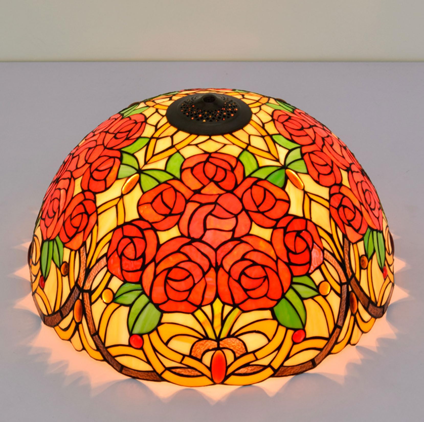 SaryEdge Tiffany Lamp Shade Replacement Only 20" Stained Glass Baroque Rose Dragonfly Grape Lily Peach Lampshades, Vintage Red Orange Colorful Light Cover for Table Lamp Pendant Light ，Rose