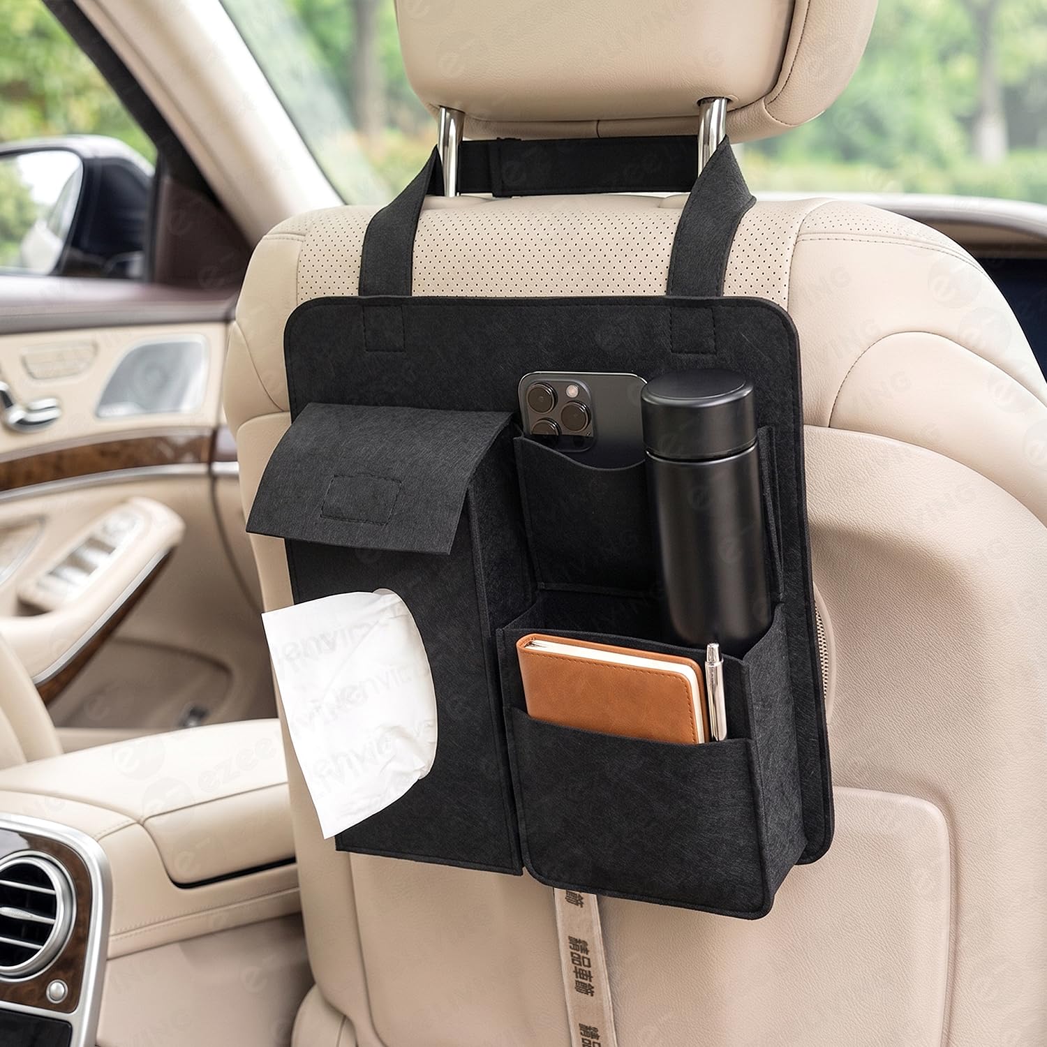 Multi-Pocket Car Back Seat Organizer with Tissue Holder & Bottle Pocket | Hanging Storage Pouch for Car Seat | Auto Seat Back Storage Bag for Mobile, Accessories & Travel (Black)-image-16