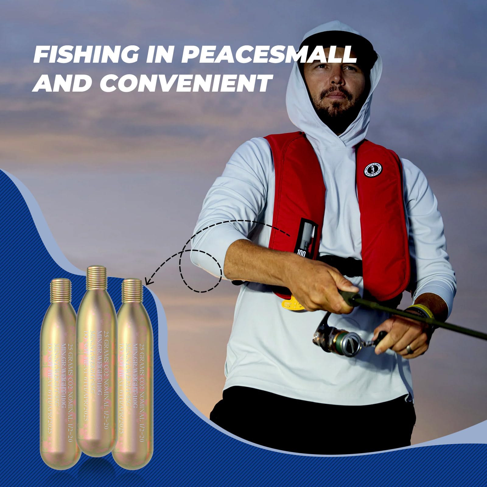 Cilindro a cartuccia di CO2 24G per giubbotto di salvataggio, accessorio per kit di riarmo C02 PFD, per gonfiaggio automatico/manuale, per adulti, utilizzato per pesca, surf, attività mare/oceaniche
