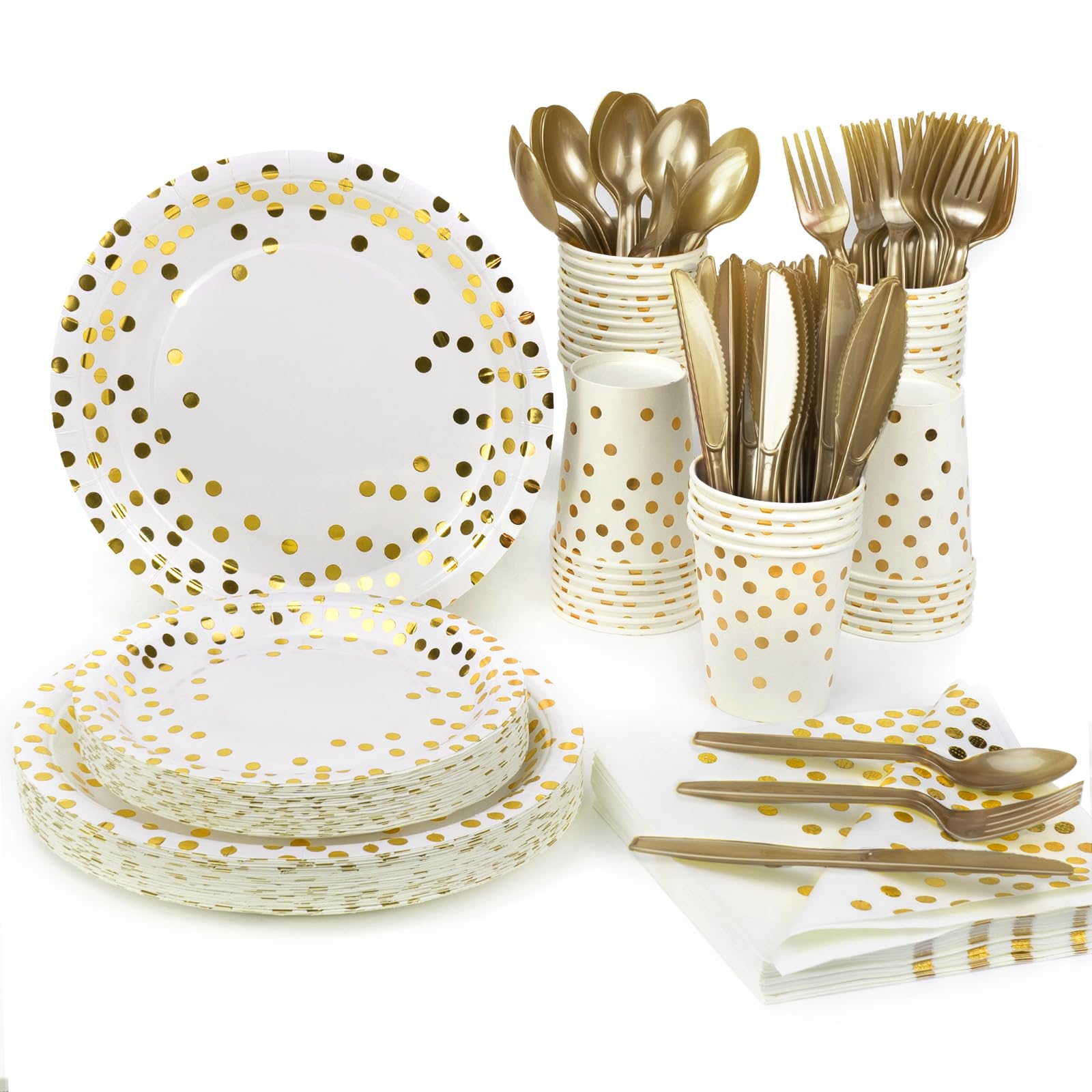 Lzerking Party Supplies Set - 280 Pieces of White and Gold Dot Paper Plates, Cups, Napkins, and Heavy Duty Silverware for 40 Guests for Birthdays,