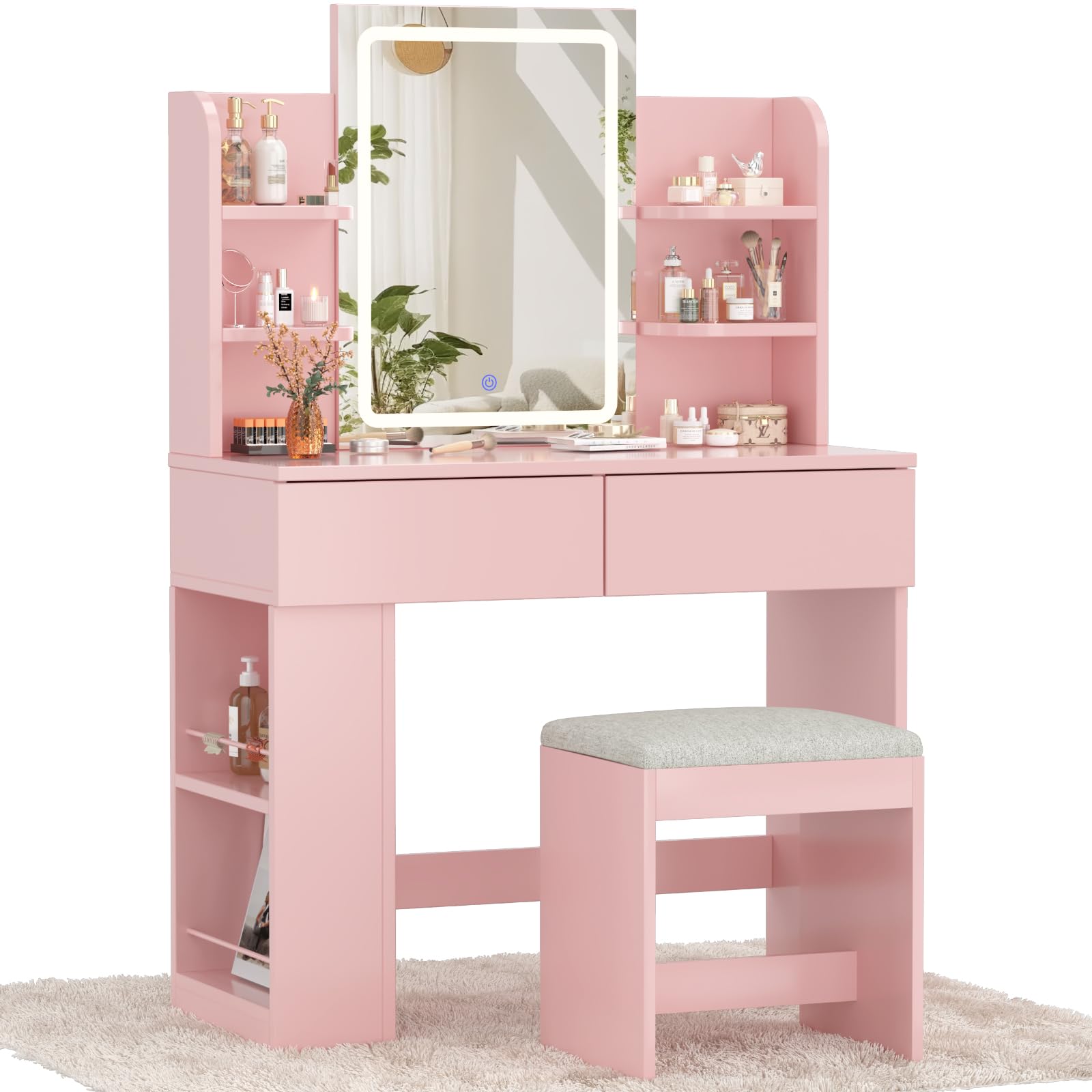 Devoko Tocador de Maquillaje con Taburete y Luces LED, Brillo Ajustable, Mesa de Maquillaje con Espejo, con 2 Cajones Grandes y 4 Estantes Abiertos y Taquilla Lateral, Vanity Moderno, Rosa