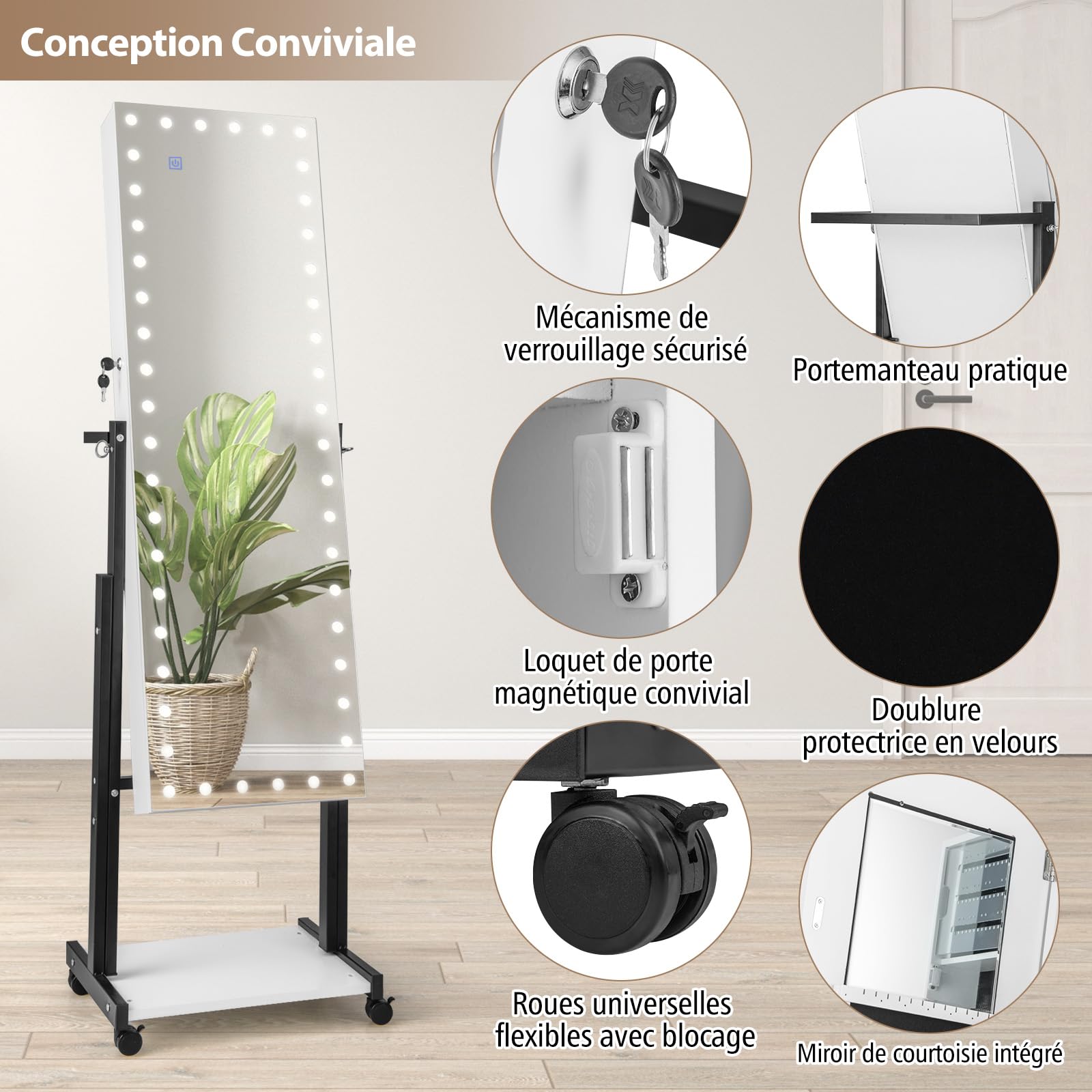 RELAX4LIFE Armoire à Bijoux sur Pied à Roues, Miroir Rangement Bijoux avec LED 3 Couleurs, Hauteurs & Angles Réglables, Étagère Inférieure, Meuble Bijoux pour Chambre Dressing(Blanc)
