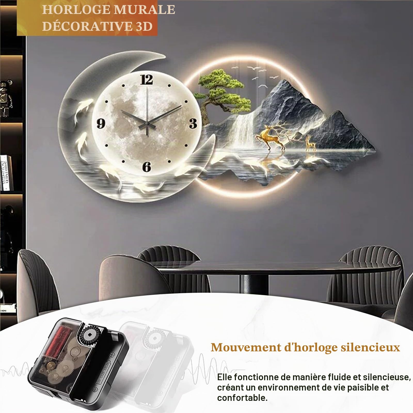 Horloge Murale Design Moderne avec LED, Grande Sculpture Murale 3D, Sculptures Murales Créatives De Paysage, Mouvement Silencieux sans Tic-tac, pour Salon, Chambre, Bureau, Couloir, Entrée