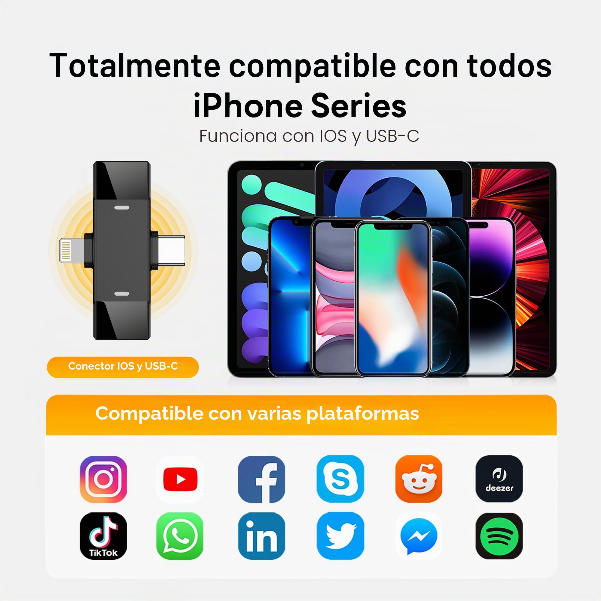 Microfono Inalambrico para iPhone, Micrófono Lavalier Inalámbrico Bluetooth Plug-Play para Grabación de Video, Portátil, Podcast, Vlog, Youtube/TikTok (iOS&USB-C/2 Mic M1)