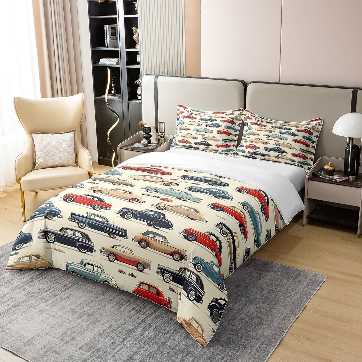 Vintage Cars 100% Natural Cotton Bedding Set King Size 80s Retro Sports Car Duvet Cover Transport Vehicles Comforter Cover Modern Fashion Beige Bedspread Cover with 2 Pillowcases(Not Comforter)