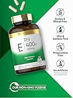 Vista 5 de Carlyle Vitamina E seca de 400 UI 120 cápsulas D-alfa tocoferilo Fórmula de alta potencia Sin OMG y sin gluten