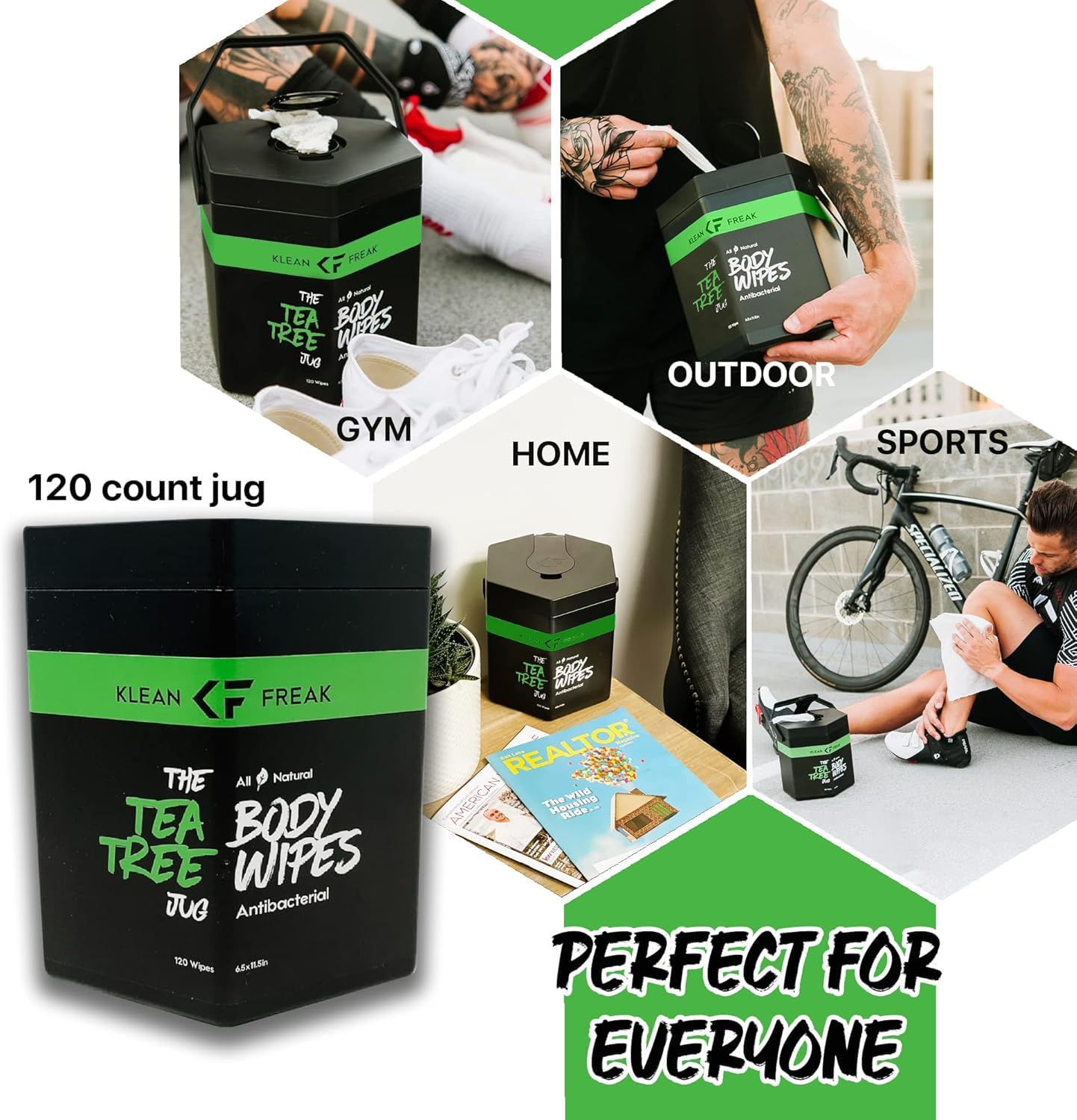 Klean Freak Salviette per il corpo – per viso e corpo, senza acqua, elimina sudore e odori, grande consistenza, viaggi, palestra, campeggio e molto altro ancora, brocca da 120 ct (tea tree)