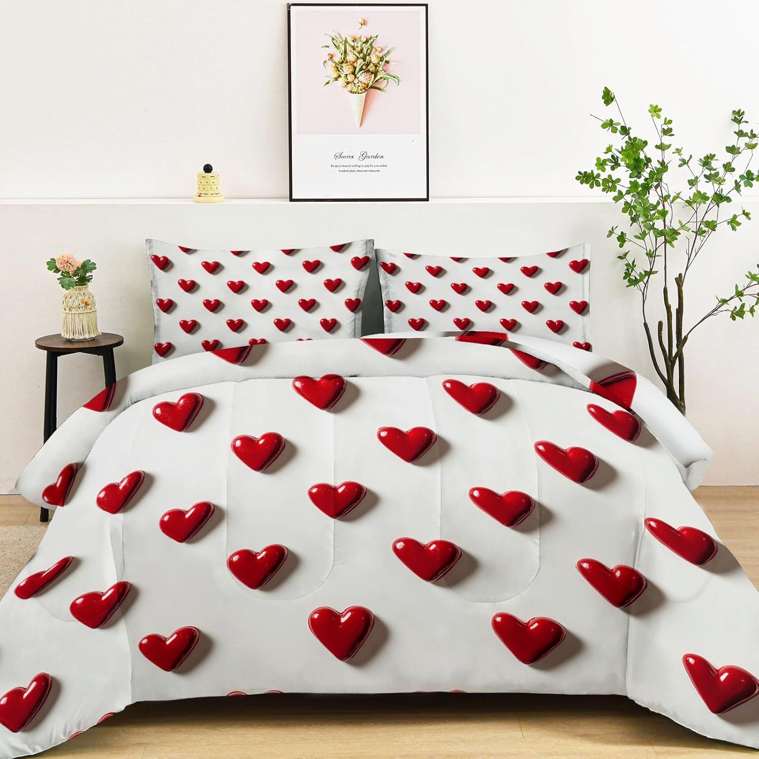 3D Heart Comforter Set King Size, Red Bedding for Kids Boys Girls, Duvet Soft Warm Bedding Sets Bedroom Decor 3Pcs