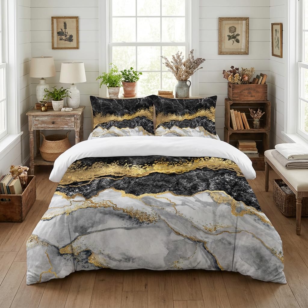 CCoutueChen Comforter Queen Size, Black Grey Marble, 90"x90" | Abstract Modern, Golden River Texture, 3Pcs Set, Soft Microfiber, 2 Pillowcases, All
