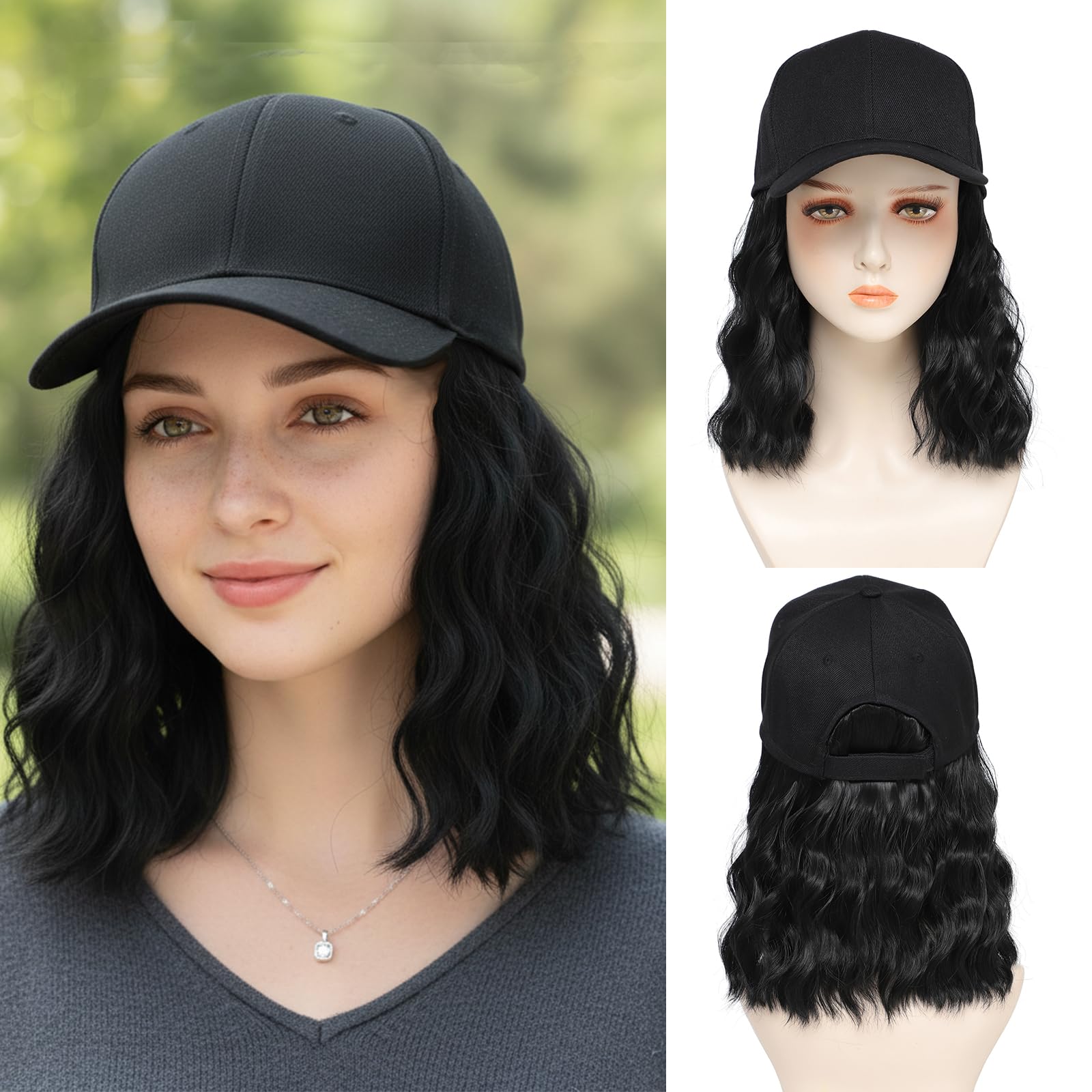 AliRobam Synthetic Wig Hat with Natural Wave hair Extensions attached for woman Baseball cap wig curly wavy Hairstyle Adjustable black Hat Wig (Black,