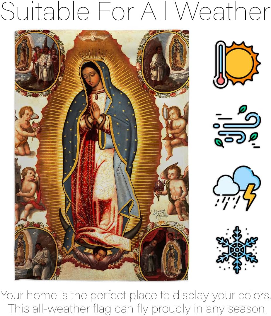 Our Lady of Guadalupe Flag Pole Set Wooden Dowel with String Nativity Decorations Christian Tapestry Hardware Inspirational Faith Banner Elephant Winter Merry Xmas Holy Religious Gifts For Grandma Made in USA