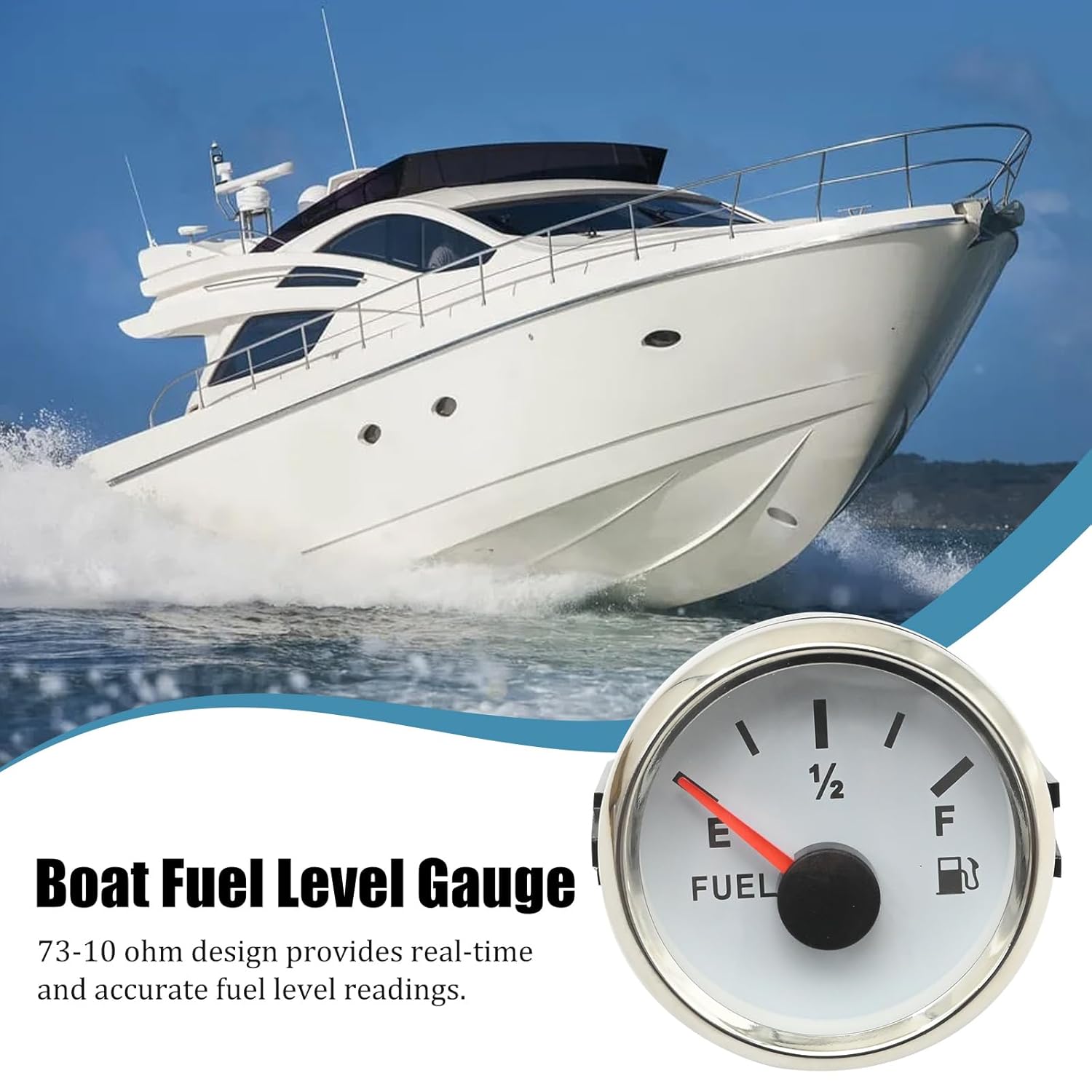 Anxingo 73-10 ohms Boat Fuel Level Gauge, White 52mm 9-32VDC Universal Boat Fuel Gas Tank Meter for Marine Car RV Yacht Motorcycle Automotive