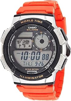 Casio AE1000W Series | Men’s Digital Watch | 100M WR | Multi Alarms | 100 SEC Stopwatch | Countdown Timer | World Map for World Time | LED Light | LC Analog Display | 10 Year Battery