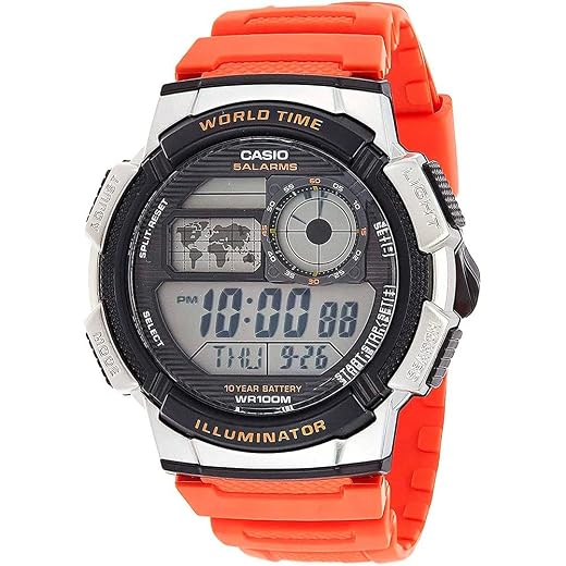 Casio AE1000W Series | Men’s Digital Watch | 100M WR | Multi Alarms | 100 SEC Stopwatch | Countdown Timer | World Map for World Time | LED Light | LC Analog Display | 10 Year Battery
