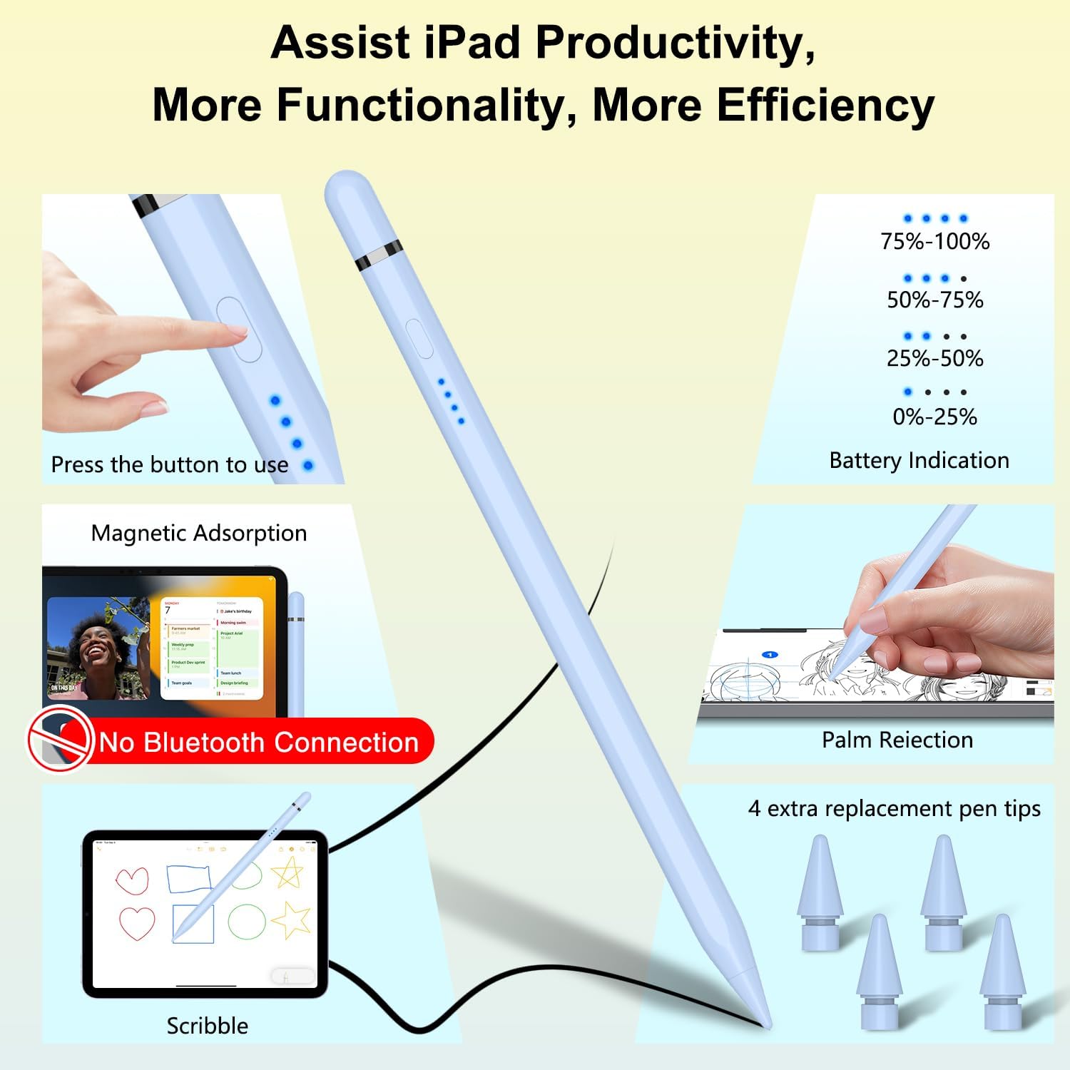 Pencil 1st Generation for iPad A16 (2026-2018), Pencil USB C Fast Charging and Magnetic with Tilt Sensitivity & Palm Rejection for iPad Air 3/4/5/M2/M3, Mini 5/6/7, i-Pad 6-11, Pro 11/12.9"/M4 (Blue)