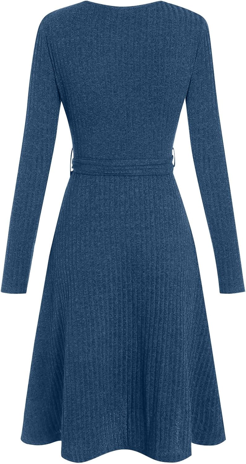 Women's Long Sleeve Ribbed Knit Dresses V Neck Casual Fall Winter Pleated Flowy Swing Tunic Sweater Dress with Belt