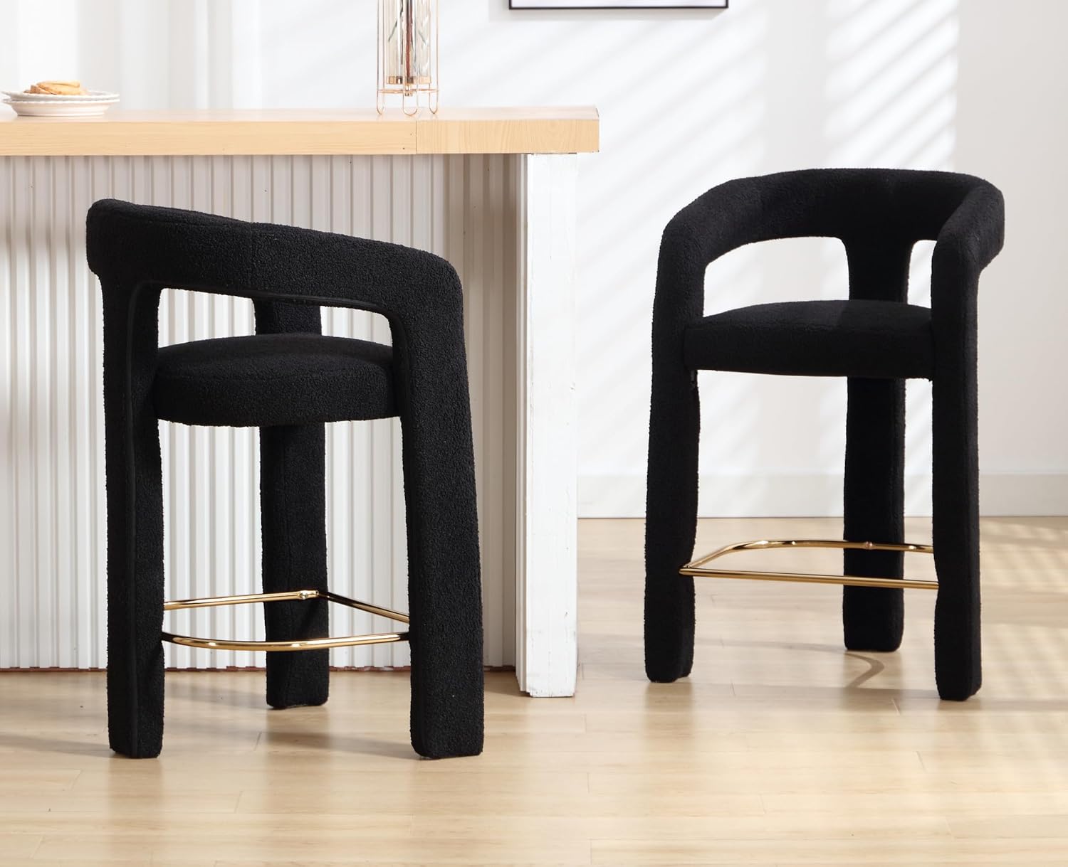EALSON Boucle Counter Height Bar Stools with Open Back Set of 2 Modern Barrel Barstools with Arms Upholstered Comfortable Sherpa Bar Chairs for Kitchen Island/Breakfast, Black 26 Inch