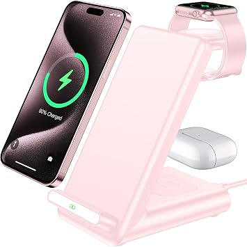 Wireless Charging Station,3 in 1 Charging Stand Made for Apple Watch Ultra 10 9 8 7 6 SE 5 4 3,Fast Wireless Charger Made for iPhone 16/15/14/13/12/11/X,for AirPods Prowith Adapter Pink