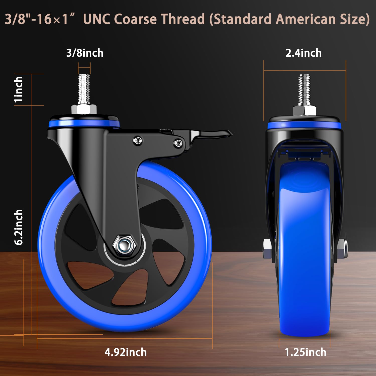 5-calowe kółka jezdne, wytrzymałe, 2200 funtów, kółka z gwintowanym trzpieniem 1/2"-13 x 1 (średnica trzpienia 1/2", długość trzpienia 1"), zestaw 4 kółek obrotowych z blokadą, przemysłowe kółka jez
