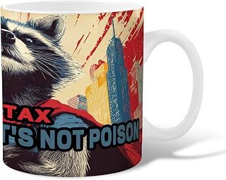 Raccoon Ceramic Coffee Mug, Pop Art Comic Cityscape Text None Red Novelty Office Drinking Cup with Handle Gift for Friendship Family Colleague Staff Sweetheart Teachers 11 Oz